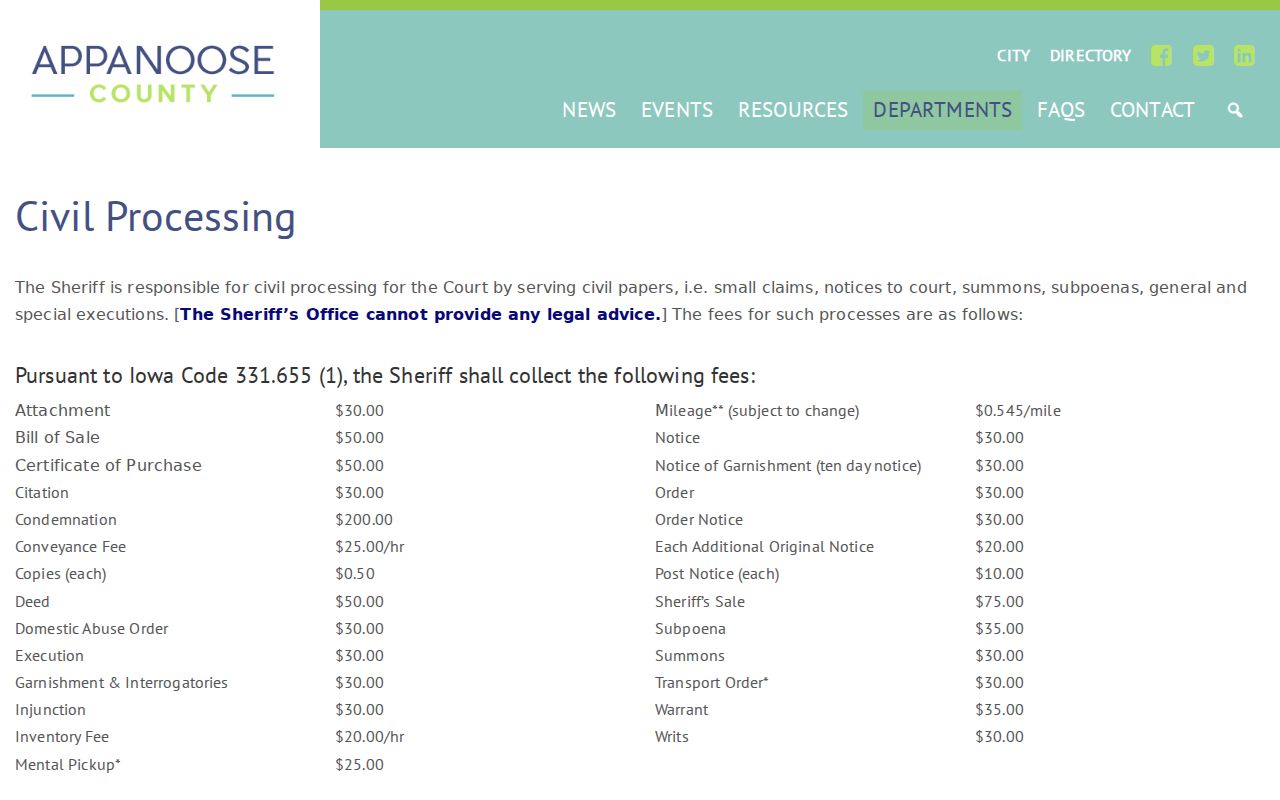 Appanoose County Sheriff civil-processing fee and records information