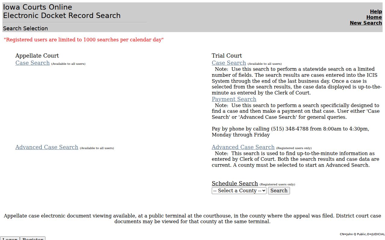 Iowa Courts Online search interface used for Appanoose County criminal cases